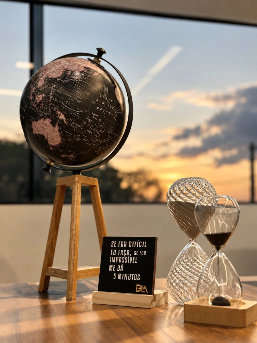 Detalhe da mesa: globo, ampulheta e a placa do escritório